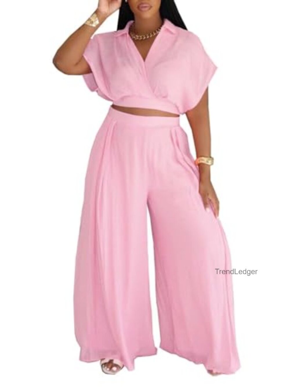 Women's 2 Piece Outfit Crop Top Wide Leg Pants Set Lounge Wear